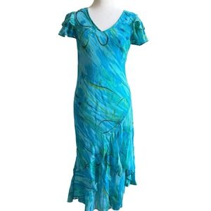 VTG Y2K Phool Bias Floral Midi Dress Small Fairy Flutter Sleeves Asymmetrical